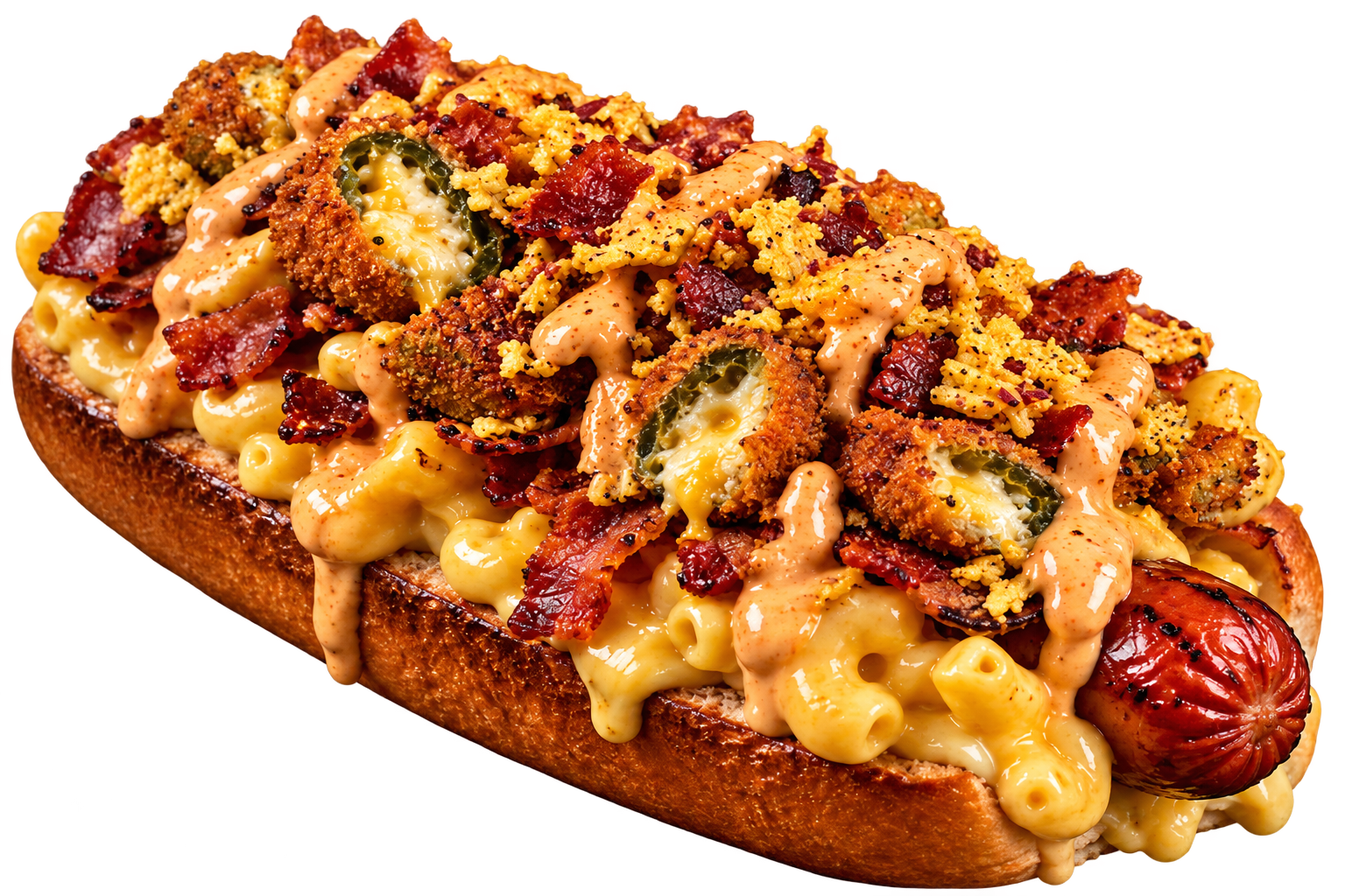 The Abomination hot dog with mac and cheese, bacon, jalapeño poppers, and chipotle aioli