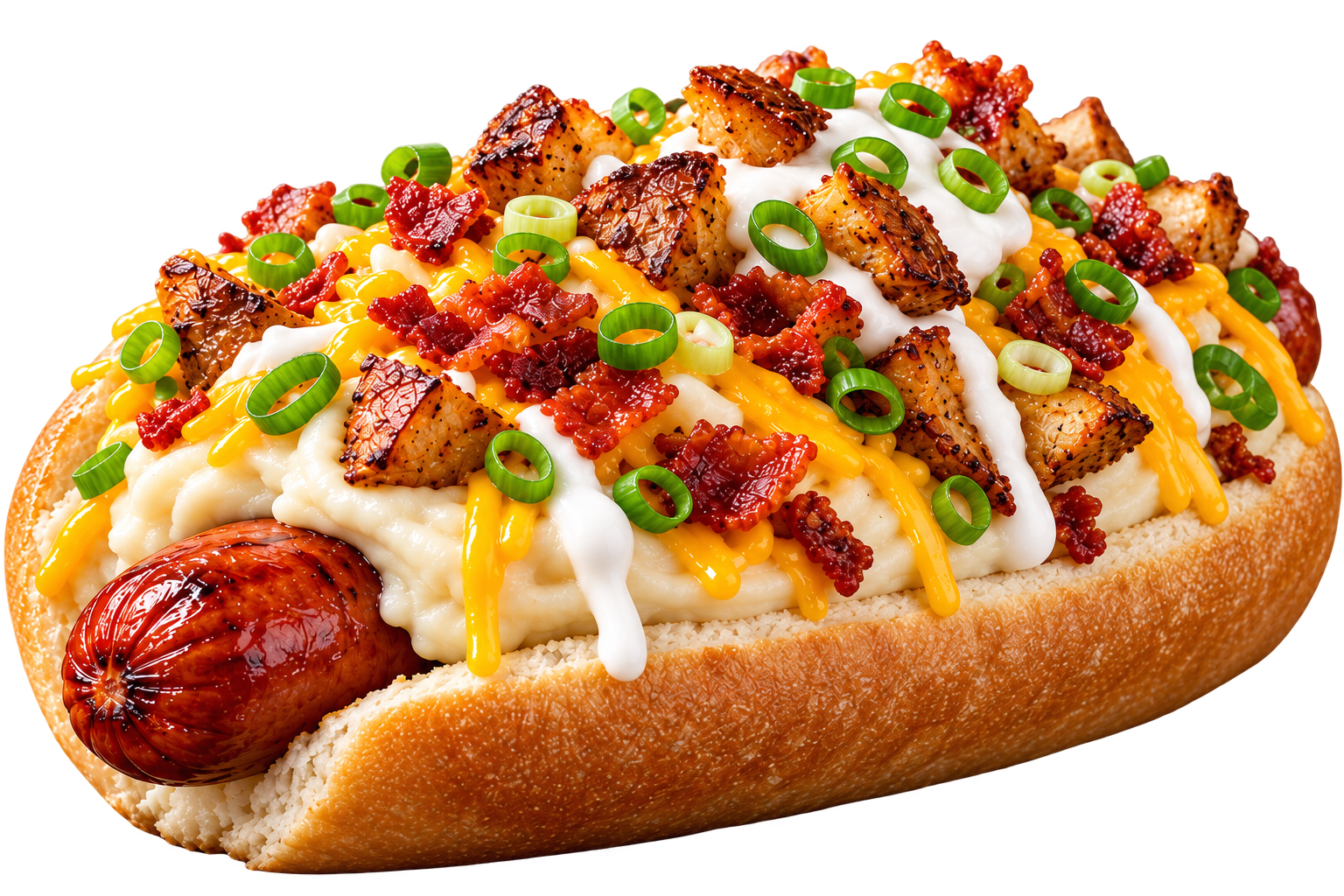 The Baked and Loaded hot dog with mashed potatoes, cheese, bacon, sour cream, potato skins, and green onions