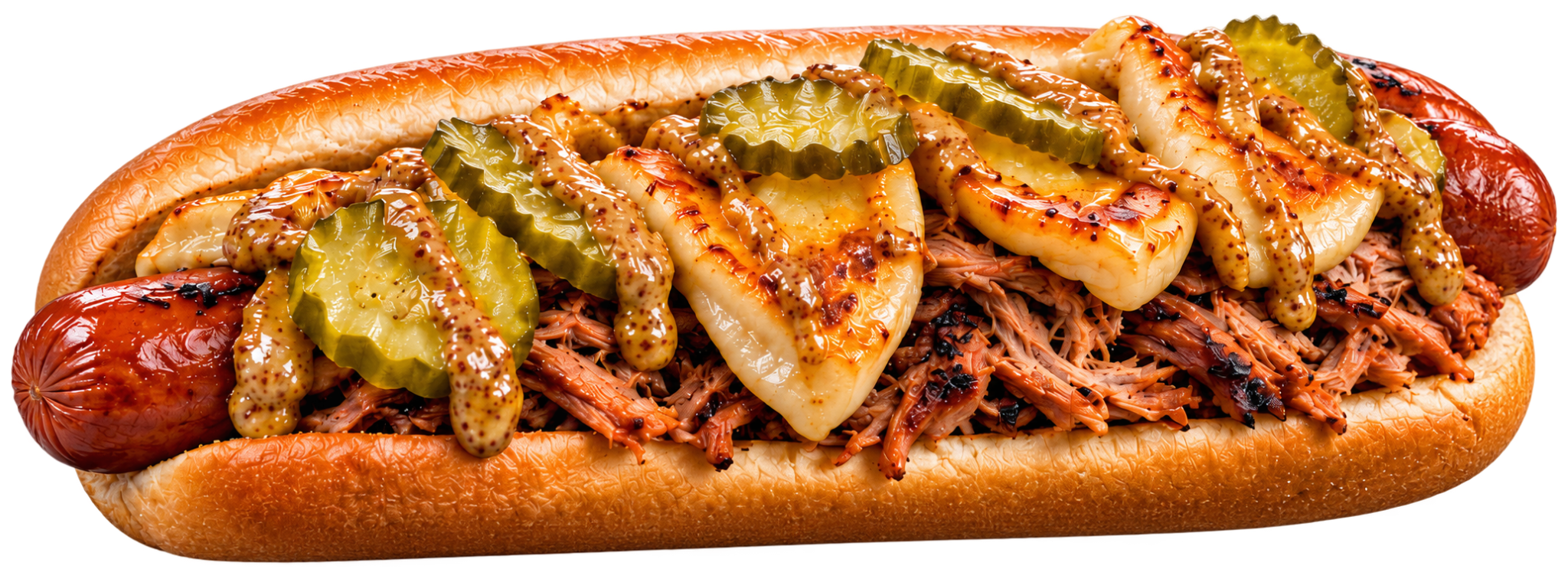 The Renegade hot dog with pulled pork, pierogies, pickles, and mustard